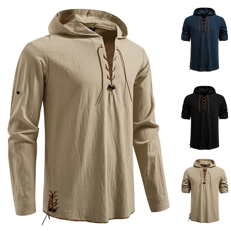 Medieval Gothic Lace Up Pirate Shirt - Men's Long Sleeve Hooded T-shirt Cotton